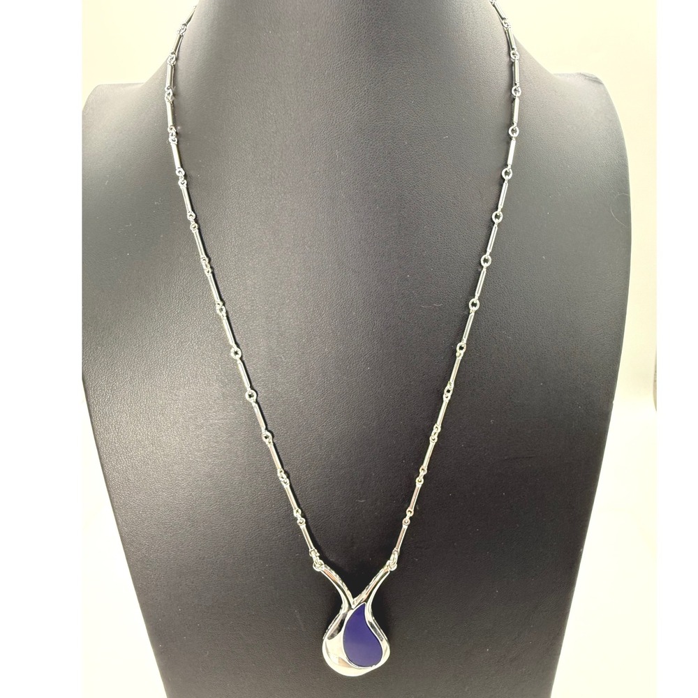 Sarah Coventry Vintage Cobalt Blue Enamel Teardrop Necklace Silver Tone 8994 Box